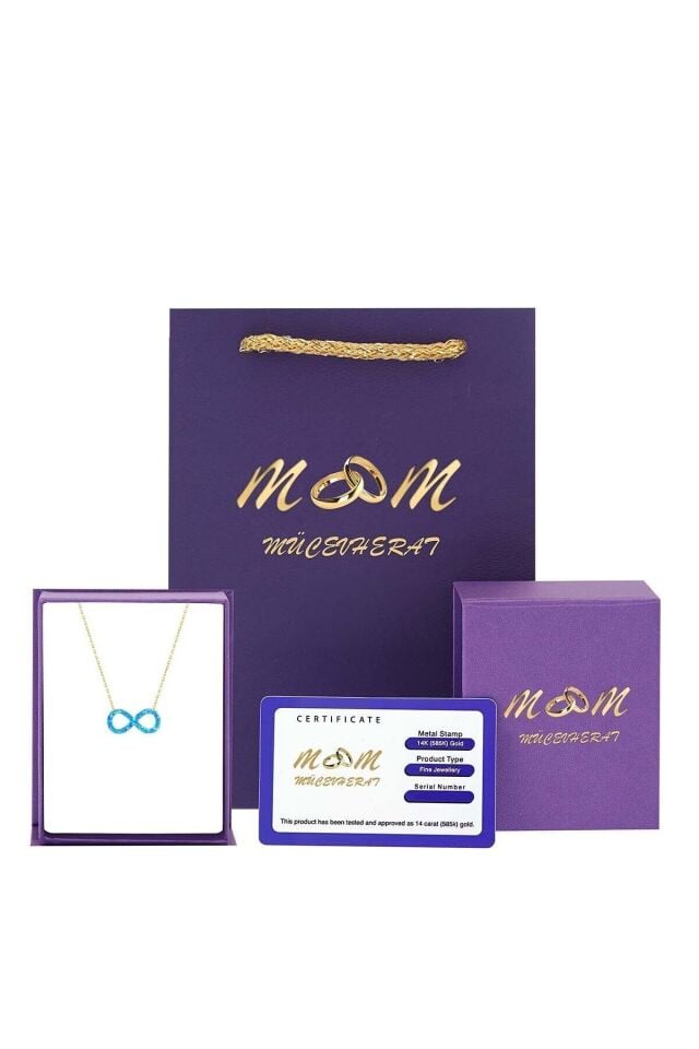 Kadın Altın Mavi Sedef Opal Taşlı Sonsuzluk Kolye 14 Ayar