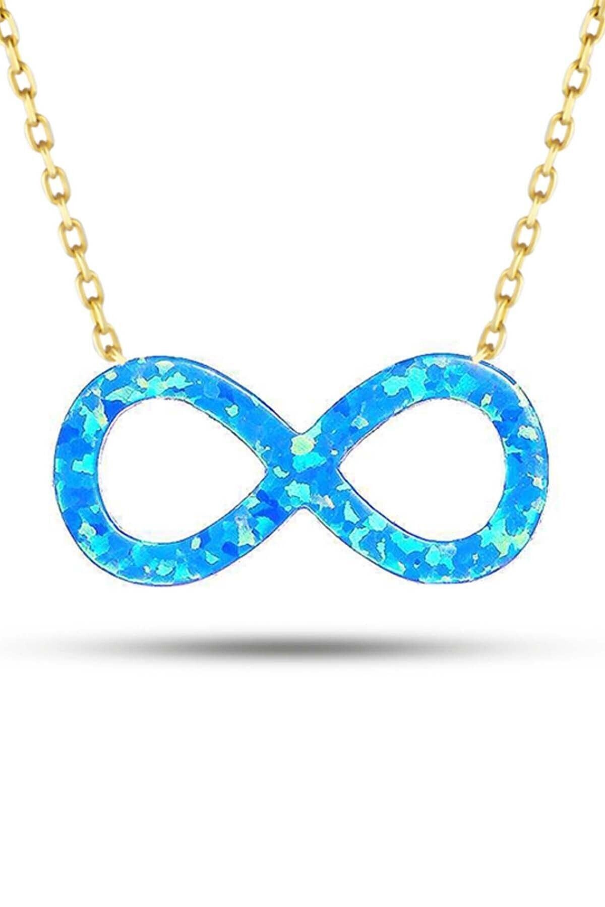 Kadın Altın Mavi Sedef Opal Taşlı Sonsuzluk Kolye 14 Ayar
