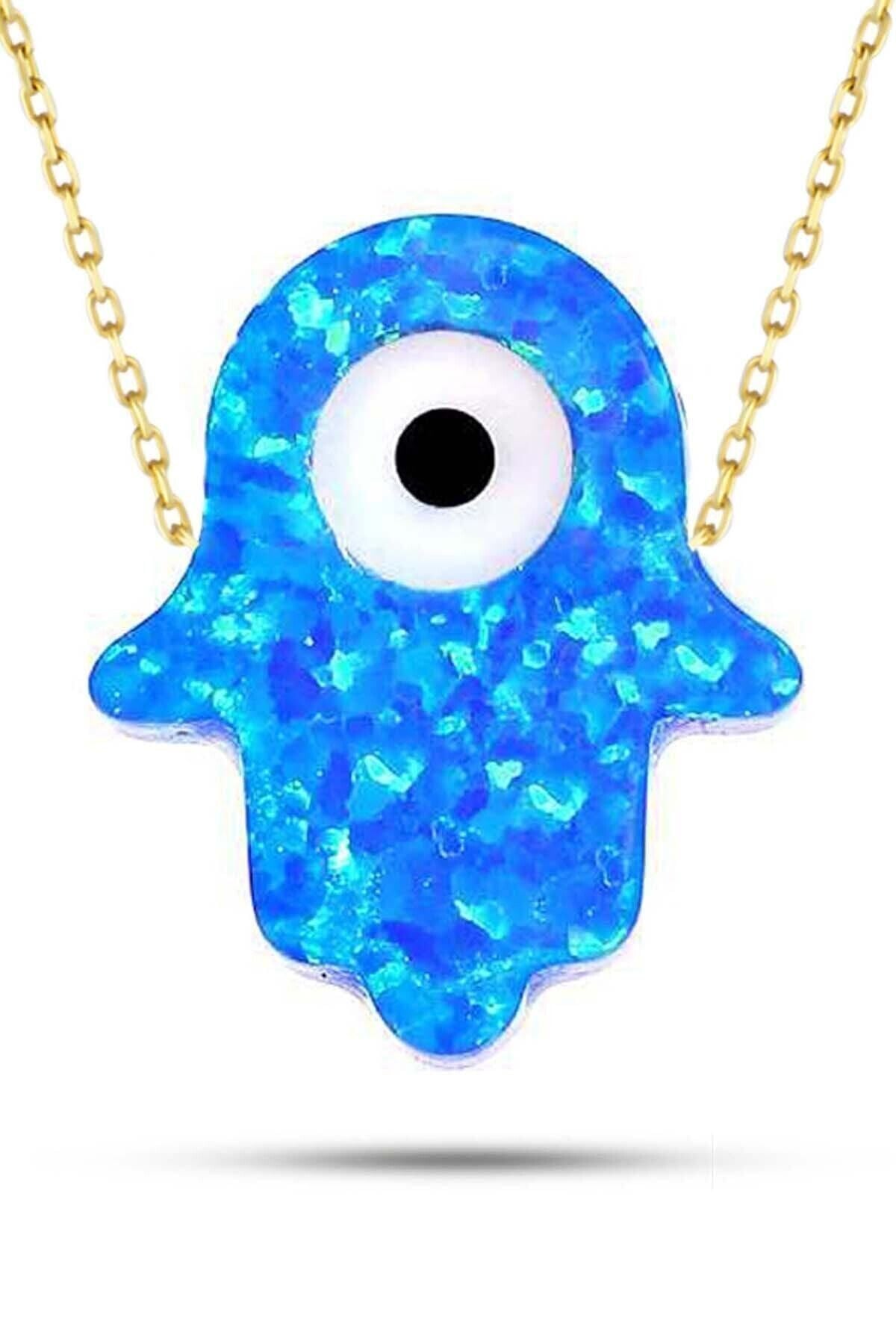 Kadın 14 Ayar Altın Mavi Sedef Opal Taşlı Fatma Eli Nazar Göz Kolye