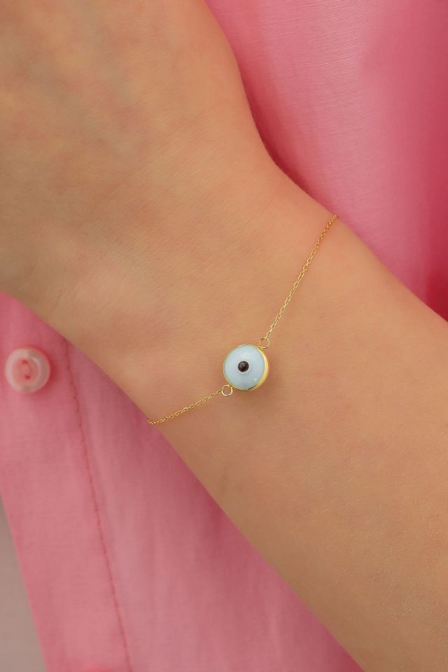 Moom Mücevherat Kadın 14 Ayar Altın Göz Bileklik Renkli Altın Nazar Gözlü Bileklik Uzatmalı 18 cm Buz Mavisi