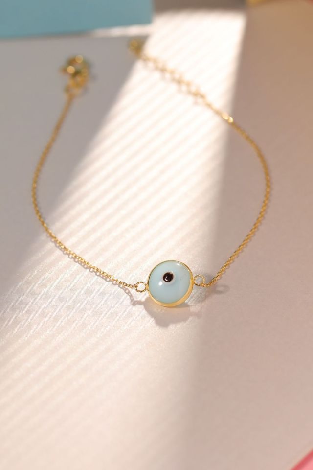 Moom Mücevherat Kadın 14 Ayar Altın Göz Bileklik Renkli Altın Nazar Gözlü Bileklik Uzatmalı 18 cm Buz Mavisi