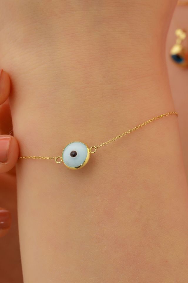 Moom Mücevherat Kadın 14 Ayar Altın Göz Bileklik Renkli Altın Nazar Gözlü Bileklik Uzatmalı 18 cm Buz Mavisi
