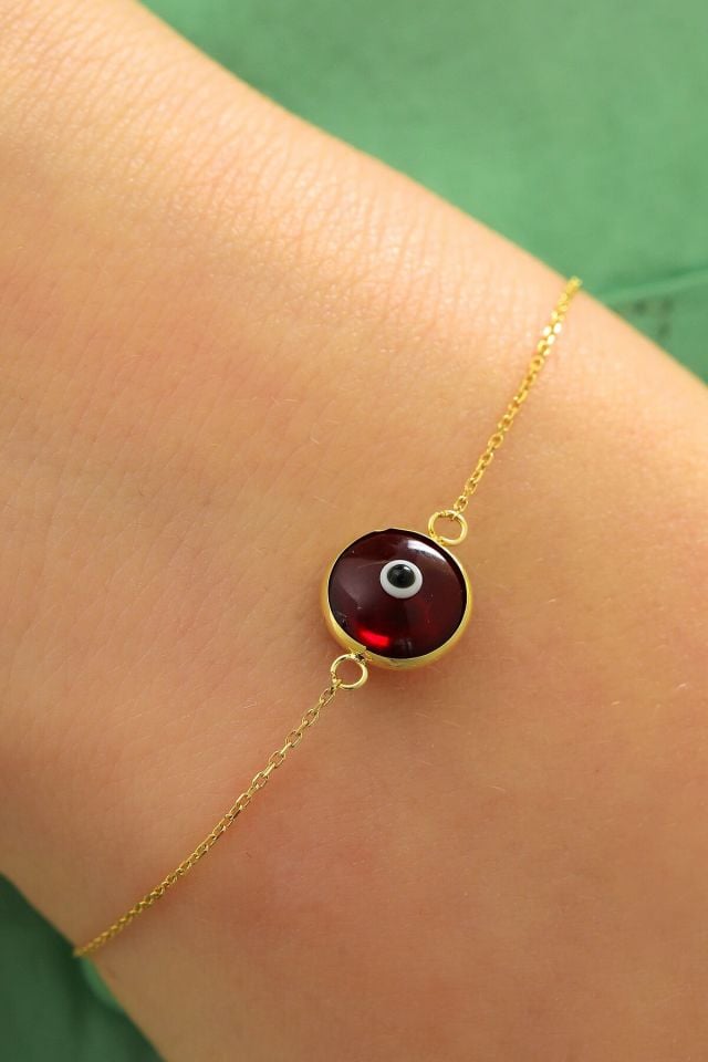Moom Mücevherat Kadın 14 Ayar Altın Göz Bileklik Renkli Altın Nazar Gözlü Bileklik Uzatmalı 18 cm Cam Kırmızı