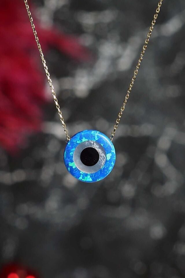 Kadın Sarı 14 Ayar Altın Mavi Sedef Opal Taşlı Nazar Göz Kolye