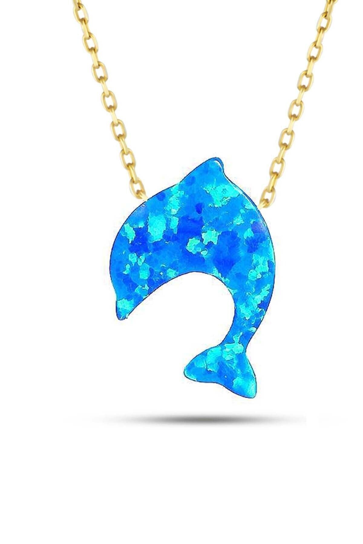 Kadın Sarı 14 Ayar Altın Mavi Sedef Opal Taşlı Yunus Kolye