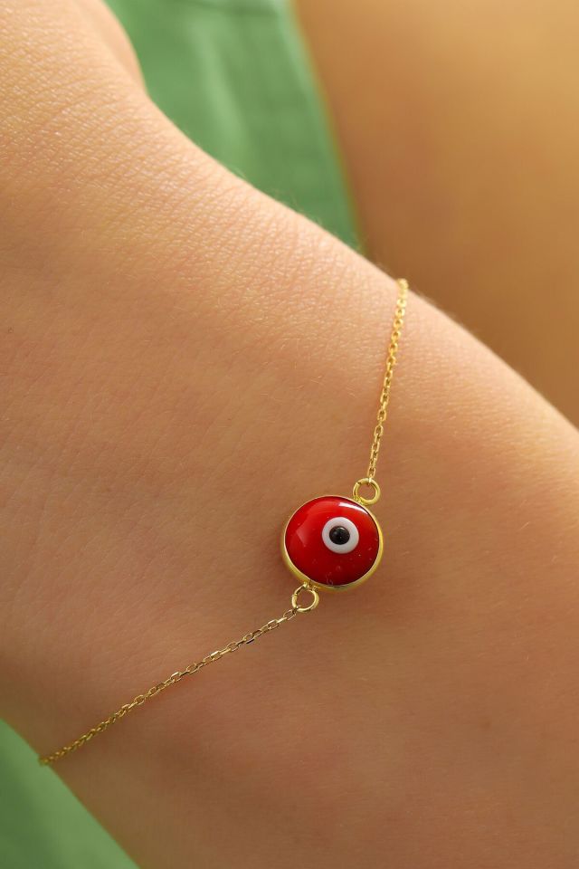Moom Mücevherat Kadın 14 Ayar Altın Göz Bileklik Renkli Altın Nazar Gözlü Bileklik Uzatmalı 18 cm Kırmızı