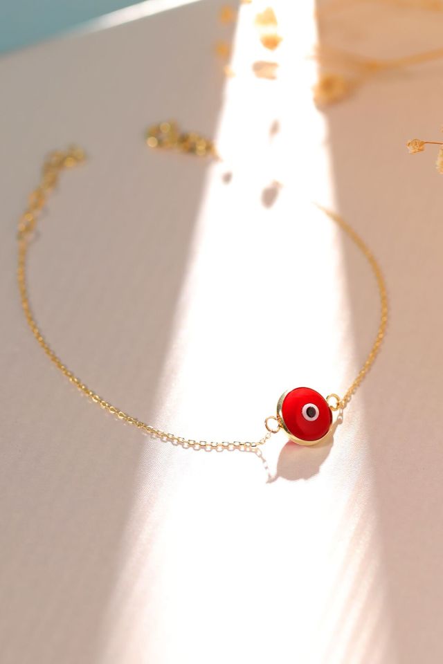 Moom Mücevherat Kadın 14 Ayar Altın Göz Bileklik Renkli Altın Nazar Gözlü Bileklik Uzatmalı 18 cm Kırmızı