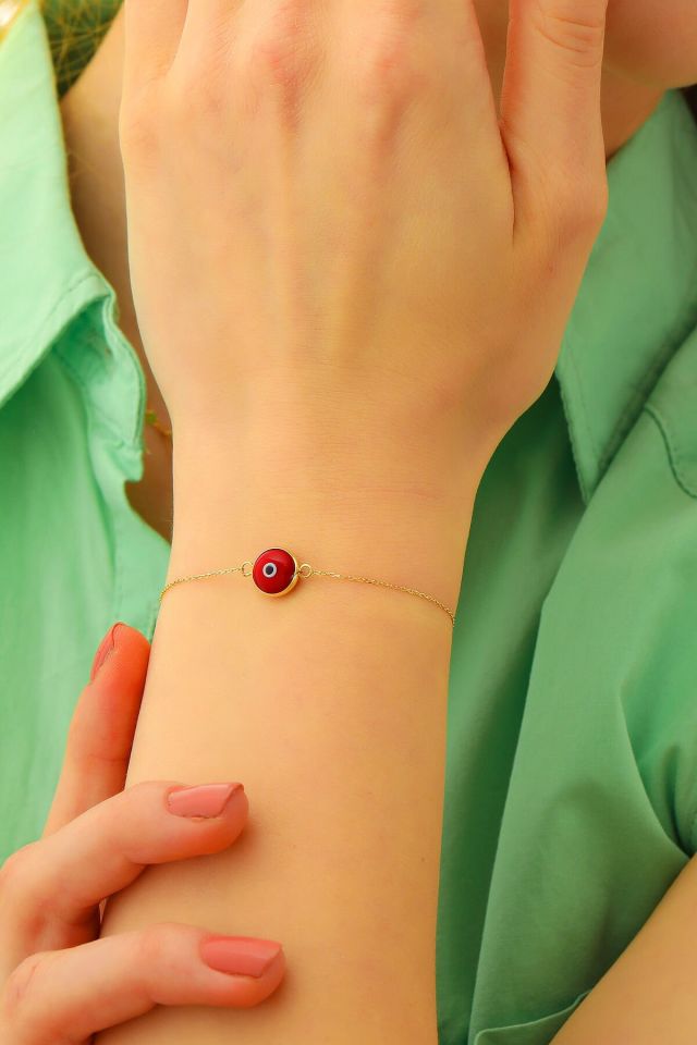 Moom Mücevherat Kadın 14 Ayar Altın Göz Bileklik Renkli Altın Nazar Gözlü Bileklik Uzatmalı 18 cm Kırmızı