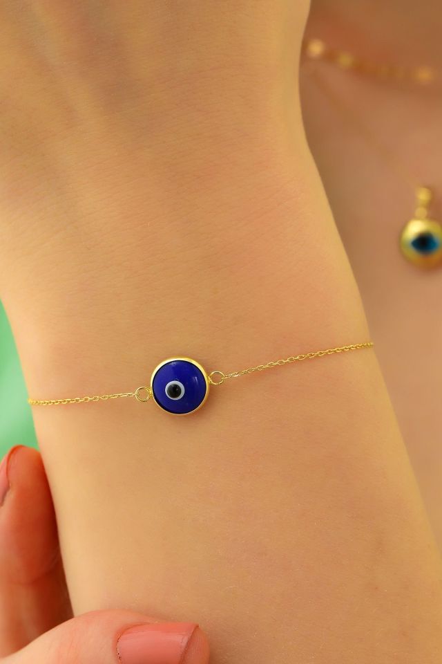 Moom Mücevherat Kadın 14 Ayar Altın Göz Bileklik Renkli Altın Nazar Gözlü Bileklik Uzatmalı 18 cm Lacivert