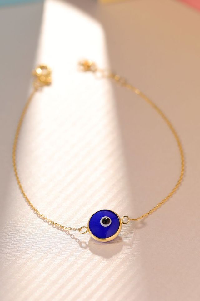 Moom Mücevherat Kadın 14 Ayar Altın Göz Bileklik Renkli Altın Nazar Gözlü Bileklik Uzatmalı 18 cm Lacivert