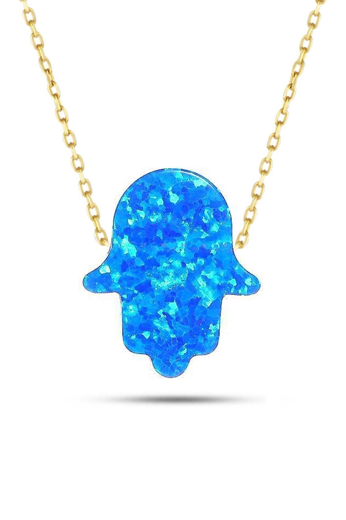 Kadın Sarı 14 Ayar Altın Mavi Sedef Opal Taşlı Fatma Eli Kolye