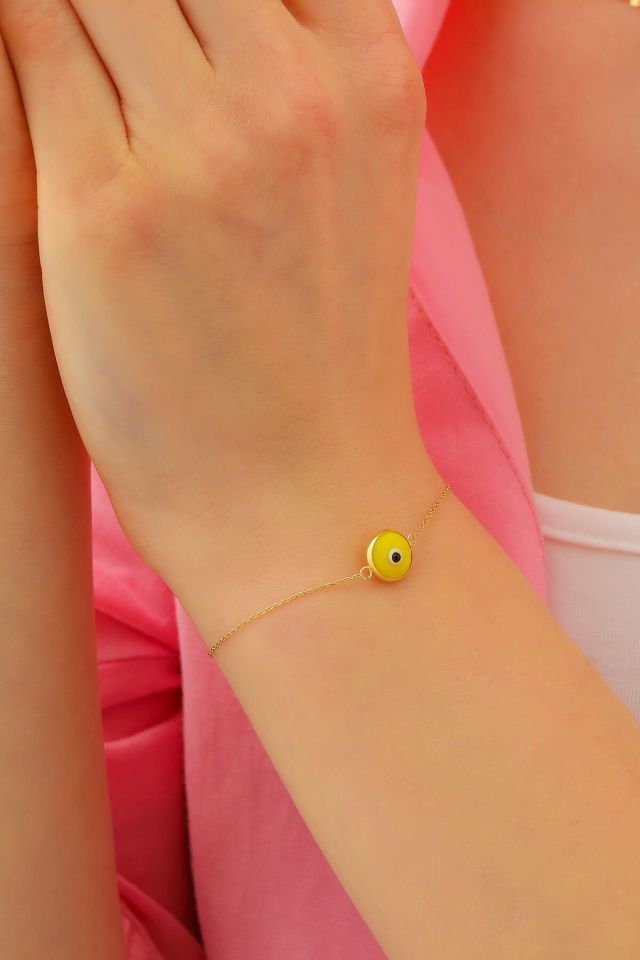 Moom Mücevherat Kadın 14 Ayar Altın Göz Bileklik Renkli Altın Nazar Gözlü Bileklik Uzatmalı 18 cm Koyu Sarı