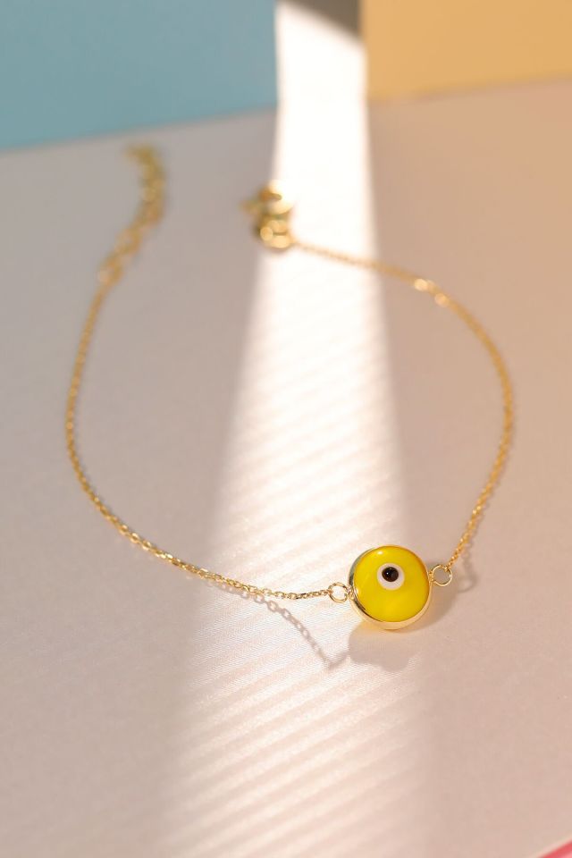 Moom Mücevherat Kadın 14 Ayar Altın Göz Bileklik Renkli Altın Nazar Gözlü Bileklik Uzatmalı 18 cm Koyu Sarı