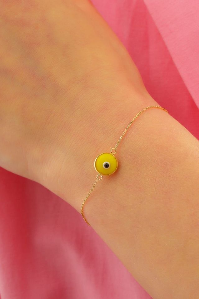 Moom Mücevherat Kadın 14 Ayar Altın Göz Bileklik Renkli Altın Nazar Gözlü Bileklik Uzatmalı 18 cm Koyu Sarı