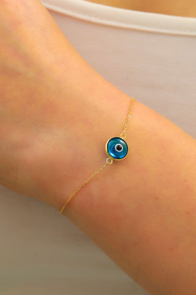 Moom Mücevherat Kadın 14 Ayar Altın Göz Bileklik Renkli Altın Nazar Gözlü Bileklik Uzatmalı 18 cm Klasik Mavi