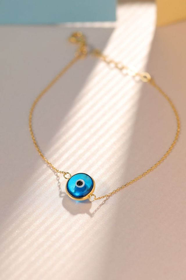 Moom Mücevherat Kadın 14 Ayar Altın Göz Bileklik Renkli Altın Nazar Gözlü Bileklik Uzatmalı 18 cm Klasik Mavi