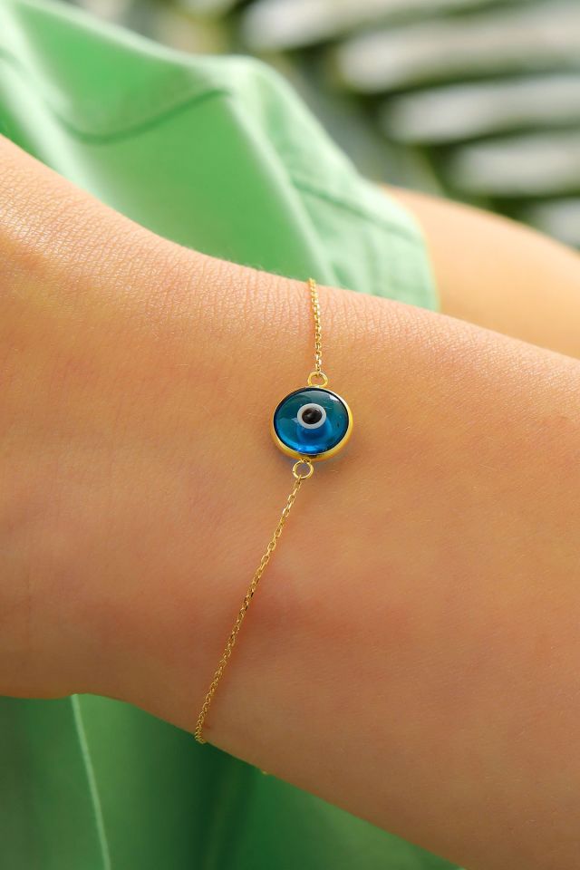 Moom Mücevherat Kadın 14 Ayar Altın Göz Bileklik Renkli Altın Nazar Gözlü Bileklik Uzatmalı 18 cm Klasik Mavi