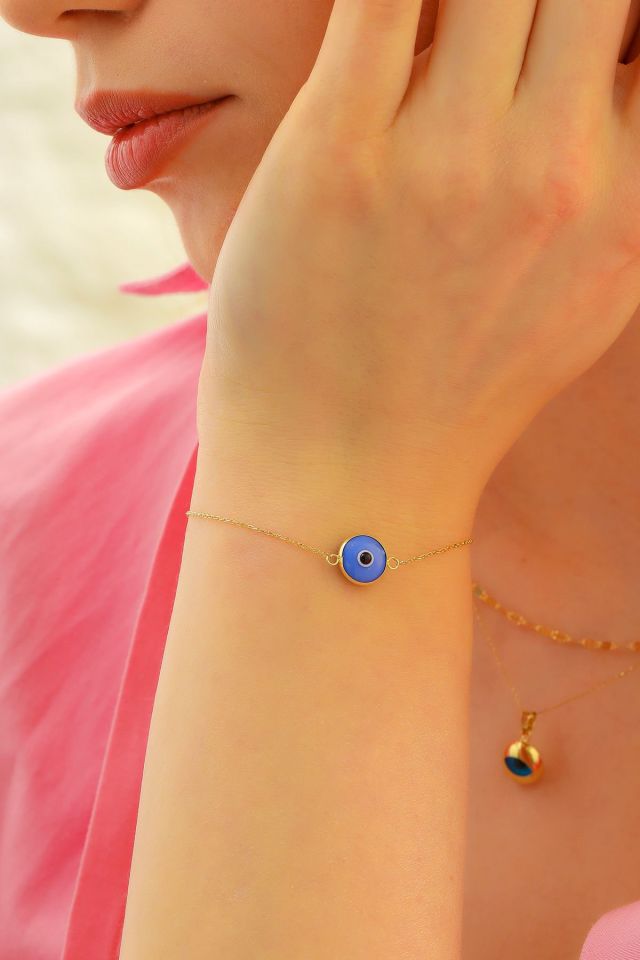 Moom Mücevherat Kadın 14 Ayar Altın Göz Bileklik Renkli Altın Nazar Gözlü Bileklik Uzatmalı 18 cm Kırık Mavi