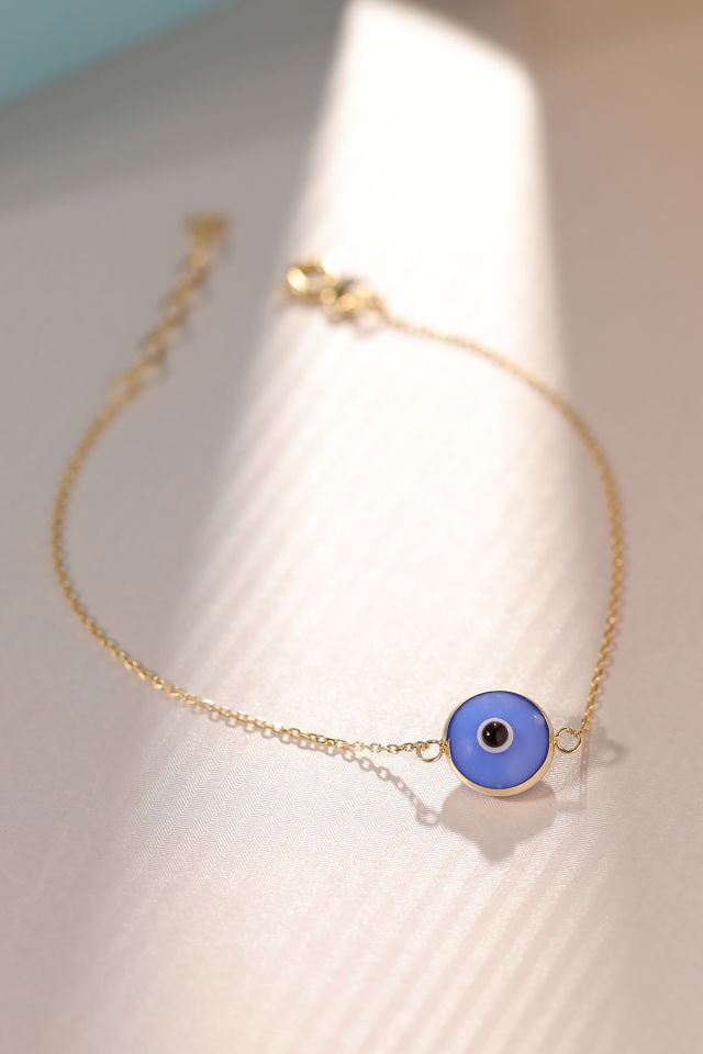 Moom Mücevherat Kadın 14 Ayar Altın Göz Bileklik Renkli Altın Nazar Gözlü Bileklik Uzatmalı 18 cm Kırık Mavi
