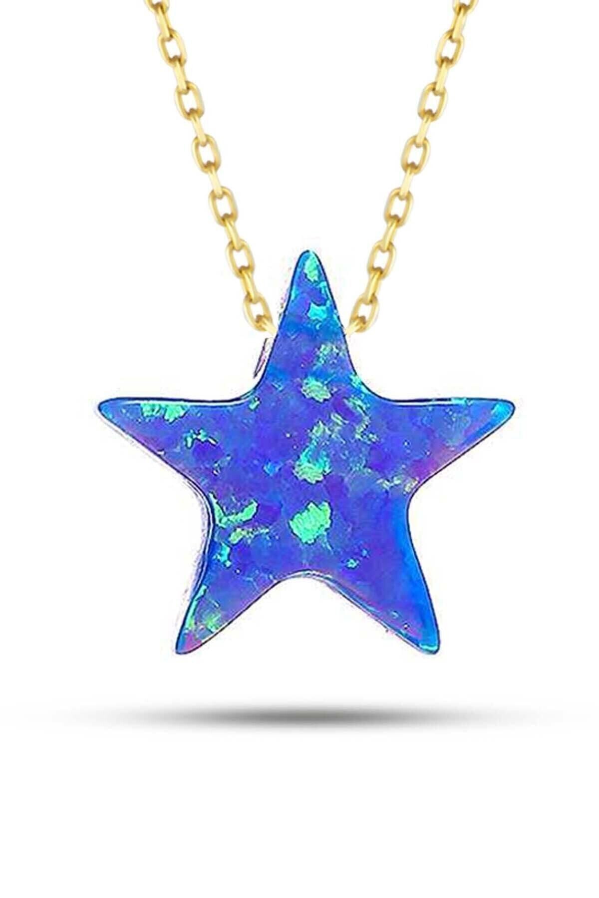 Kadın Sarı 14 Ayar Altın Mavi Sedef Opal Taşlı Yıldız Kolye