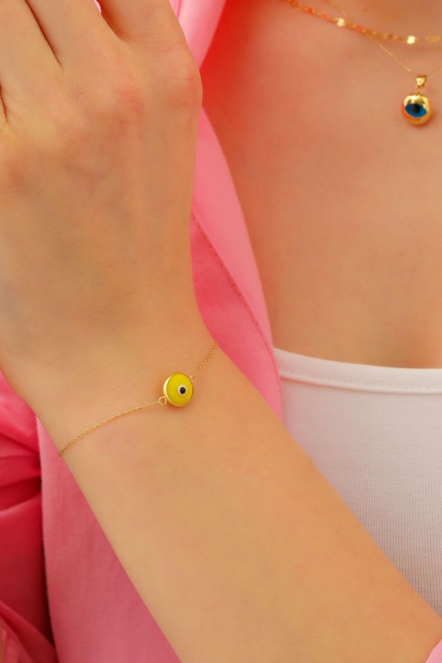 Moom Mücevherat Kadın 14 Ayar Altın Göz Bileklik Renkli Altın Nazar Gözlü Bileklik Uzatmalı 18 cm Açık Sarı