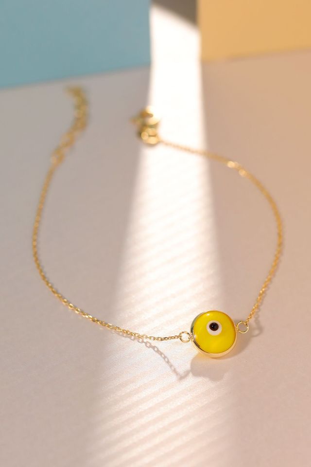 Moom Mücevherat Kadın 14 Ayar Altın Göz Bileklik Renkli Altın Nazar Gözlü Bileklik Uzatmalı 18 cm Açık Sarı
