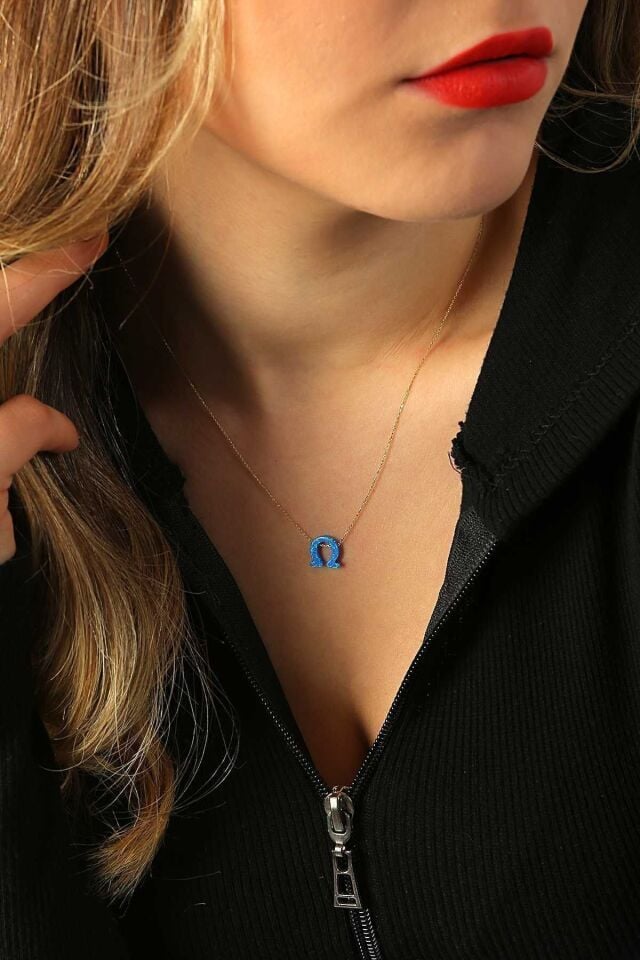 Kadın 14 Ayar Altın Mavi Sedef Opal Taşlı At Nalı Kolye