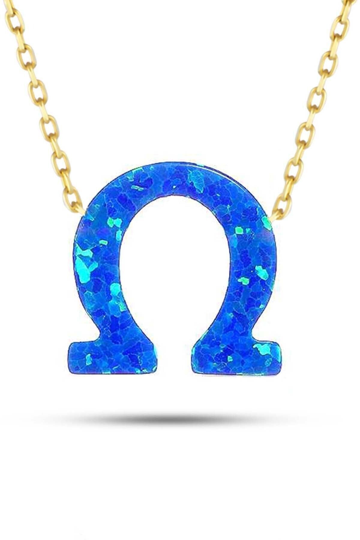 Kadın 14 Ayar Altın Mavi Sedef Opal Taşlı At Nalı Kolye