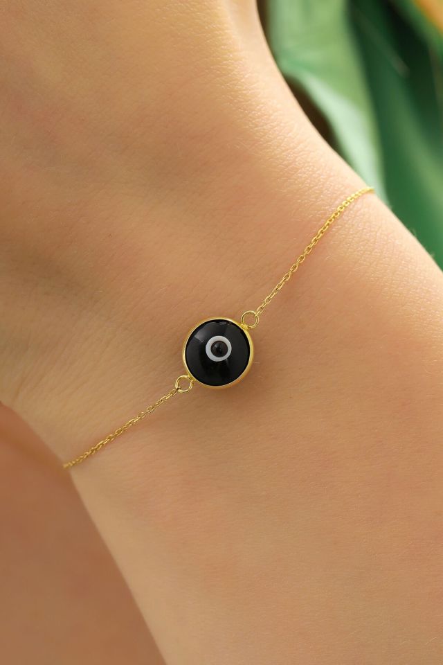 Moom Mücevherat Kadın 14 Ayar Altın Göz Bileklik Renkli Altın Nazar Gözlü Bileklik Uzatmalı 18 cm Siyah