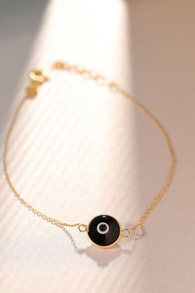 Moom Mücevherat Kadın 14 Ayar Altın Göz Bileklik Renkli Altın Nazar Gözlü Bileklik Uzatmalı 18 cm Siyah