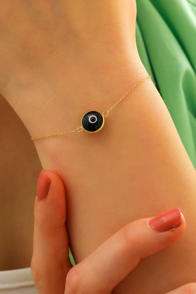 Moom Mücevherat Kadın 14 Ayar Altın Göz Bileklik Renkli Altın Nazar Gözlü Bileklik Uzatmalı 18 cm Siyah