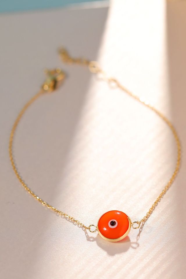 Moom Mücevherat Kadın 14 Ayar Altın Göz Bileklik Renkli Altın Nazar Gözlü Bileklik Uzatmalı 18 cm Turuncu