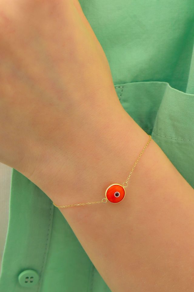 Moom Mücevherat Kadın 14 Ayar Altın Göz Bileklik Renkli Altın Nazar Gözlü Bileklik Uzatmalı 18 cm Turuncu