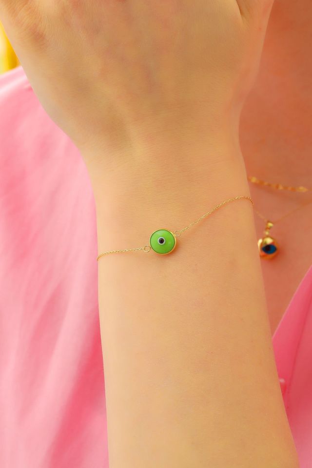 Moom Mücevherat Kadın 14 Ayar Altın Göz Bileklik Renkli Altın Nazar Gözlü Bileklik Uzatmalı 18 cm Yeşil