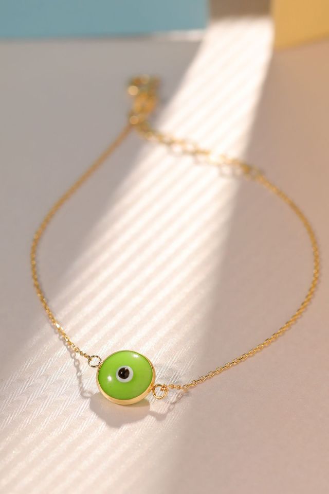 Moom Mücevherat Kadın 14 Ayar Altın Göz Bileklik Renkli Altın Nazar Gözlü Bileklik Uzatmalı 18 cm Yeşil