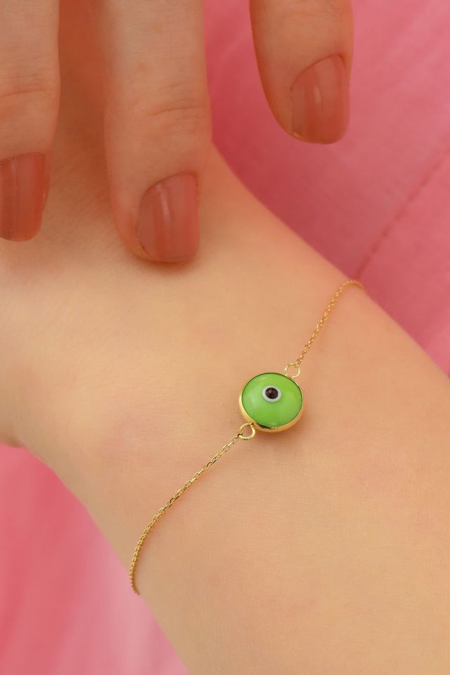 Moom Mücevherat Kadın 14 Ayar Altın Göz Bileklik Renkli Altın Nazar Gözlü Bileklik Uzatmalı 18 cm Yeşil
