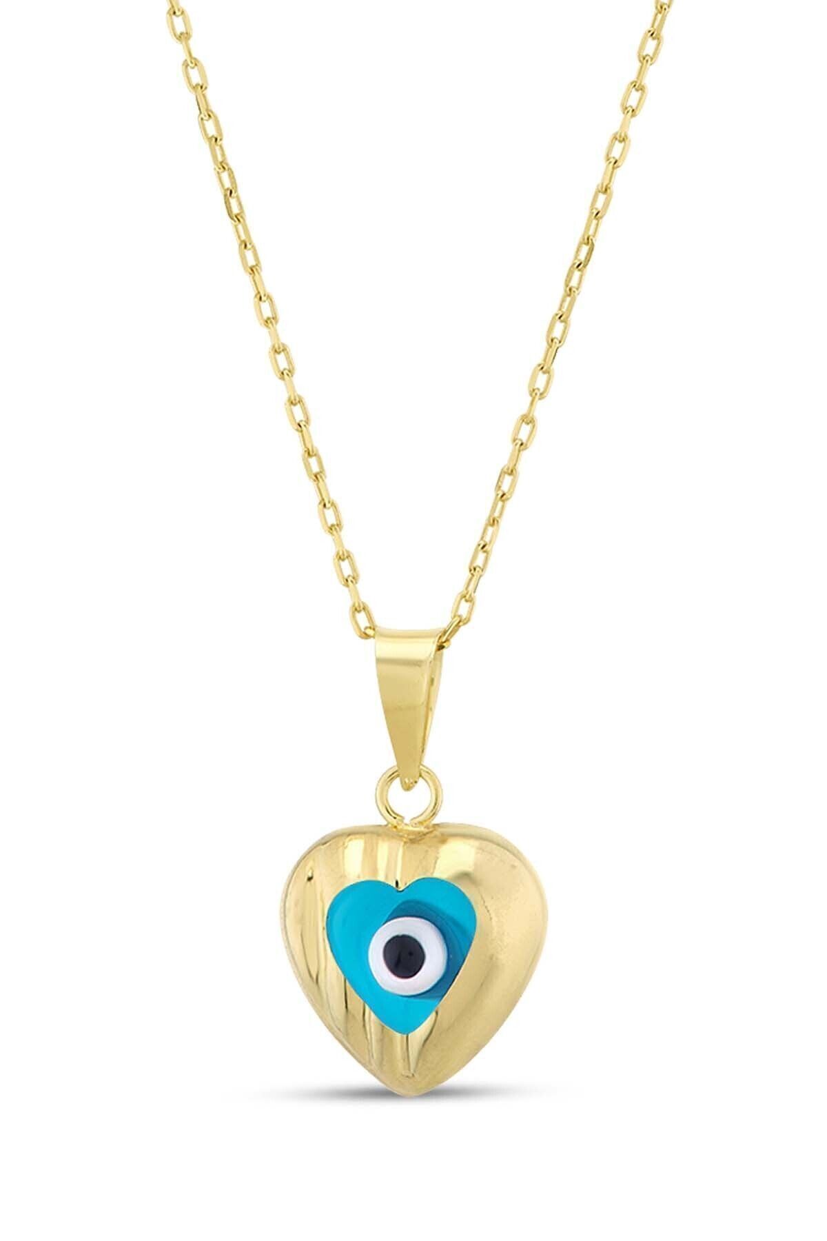 Kadın 14 Ayar Altın Nazarlı Kalp Kolye