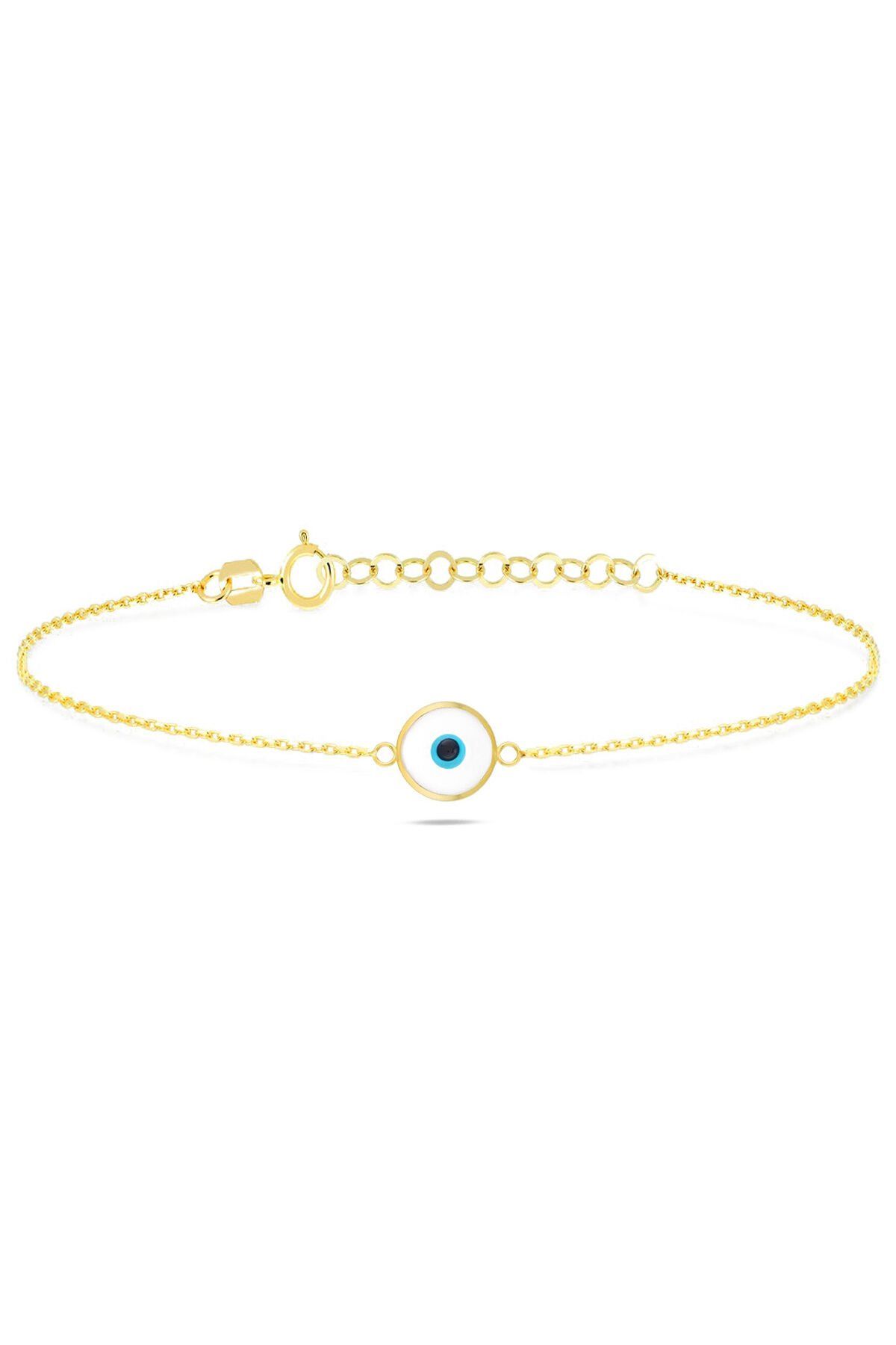 Moom Mücevherat Kadın 14 Ayar Altın Göz Bileklik Renkli Altın Nazar Gözlü Bileklik Uzatmalı 18 cm Beyaz