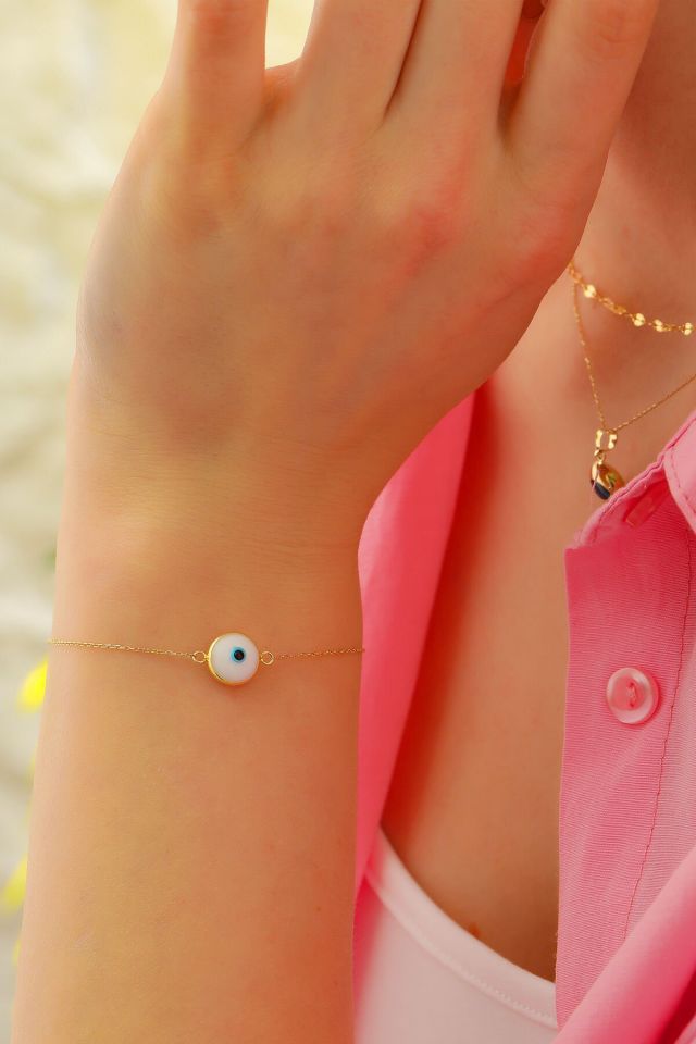 Moom Mücevherat Kadın 14 Ayar Altın Göz Bileklik Renkli Altın Nazar Gözlü Bileklik Uzatmalı 18 cm Beyaz