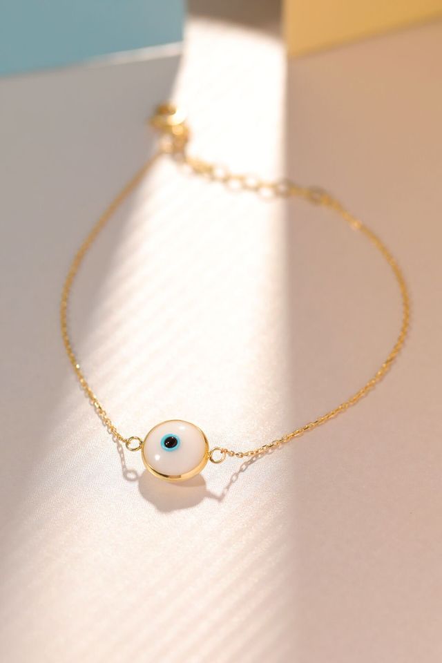 Moom Mücevherat Kadın 14 Ayar Altın Göz Bileklik Renkli Altın Nazar Gözlü Bileklik Uzatmalı 18 cm Beyaz