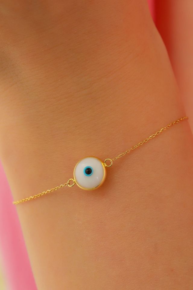 Moom Mücevherat Kadın 14 Ayar Altın Göz Bileklik Renkli Altın Nazar Gözlü Bileklik Uzatmalı 18 cm Beyaz