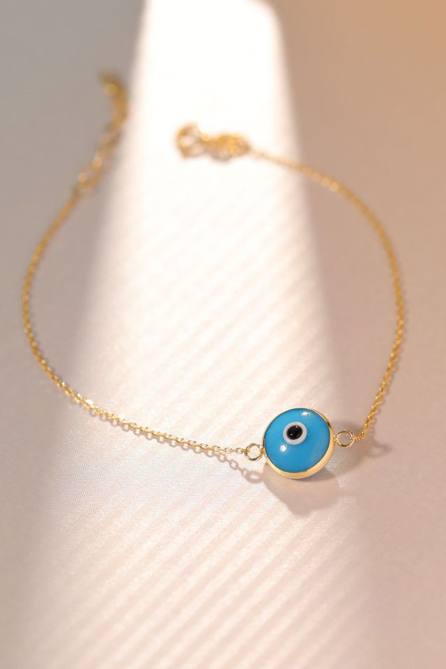 Moom Mücevherat Kadın 14 Ayar Altın Göz Bileklik Renkli Altın Nazar Gözlü Bileklik Uzatmalı 18 cm Mat Mavi