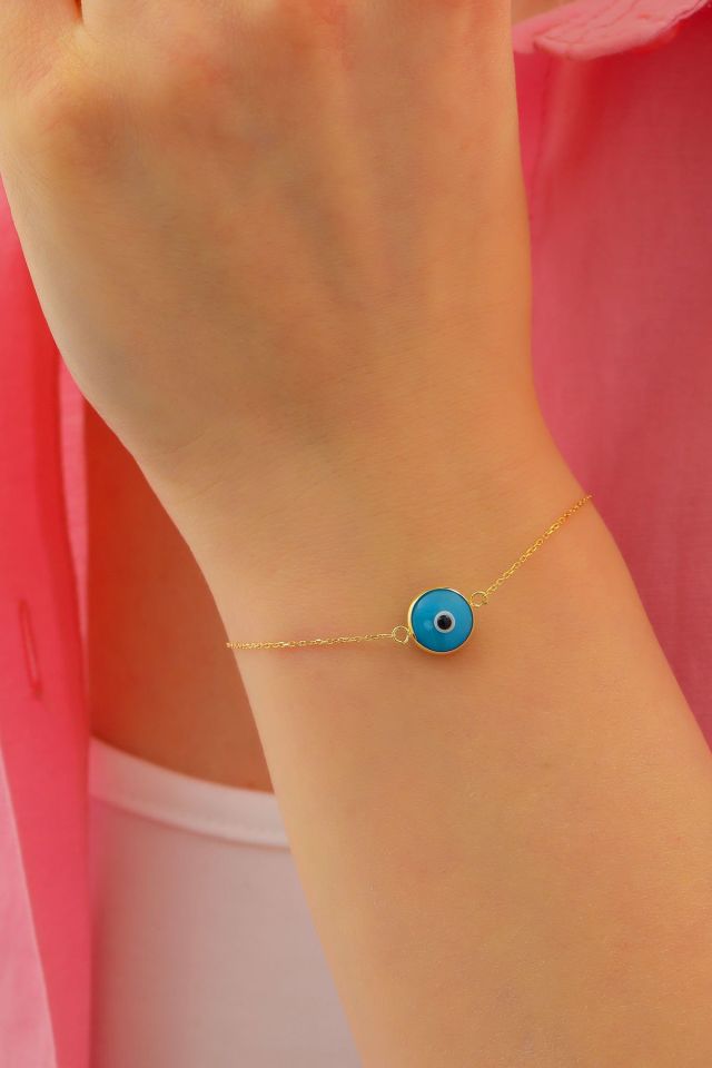 Moom Mücevherat Kadın 14 Ayar Altın Göz Bileklik Renkli Altın Nazar Gözlü Bileklik Uzatmalı 18 cm Mat Mavi
