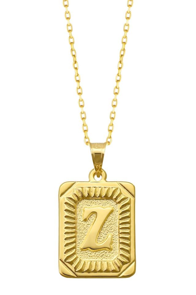 Moom Mücevherat Kadın 14 Ayar Altın Kare Harf Kolye A & Z Harfi Altın Kolye Zincirli Harf Kolye 42 Cm Z