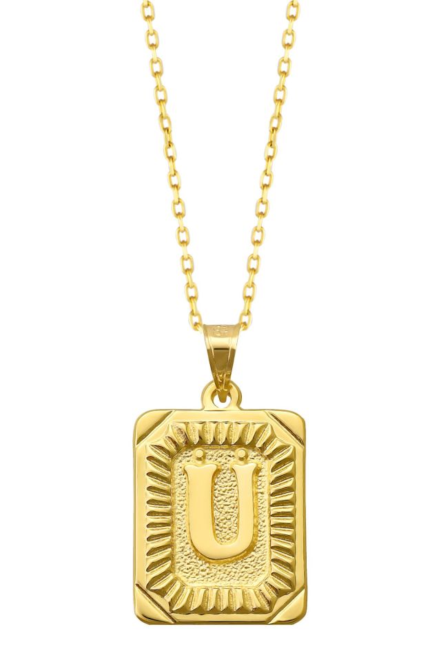 Moom Mücevherat Kadın 14 Ayar Altın Kare Harf Kolye A & Z Harfi Altın Kolye Zincirli Harf Kolye 42 Cm Ü