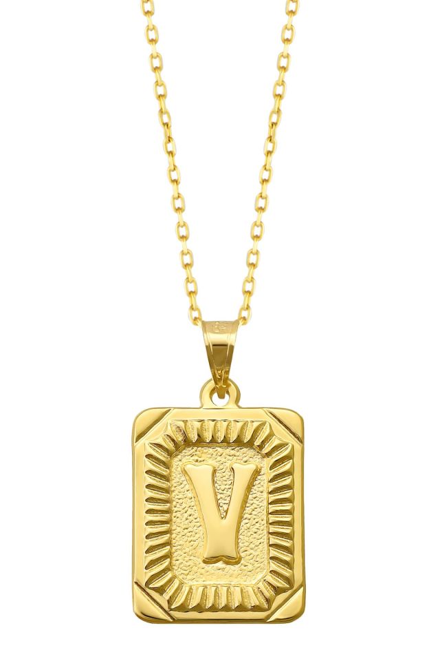 Moom Mücevherat Kadın 14 Ayar Altın Kare Harf Kolye A & Z Harfi Altın Kolye Zincirli Harf Kolye 42 Cm V