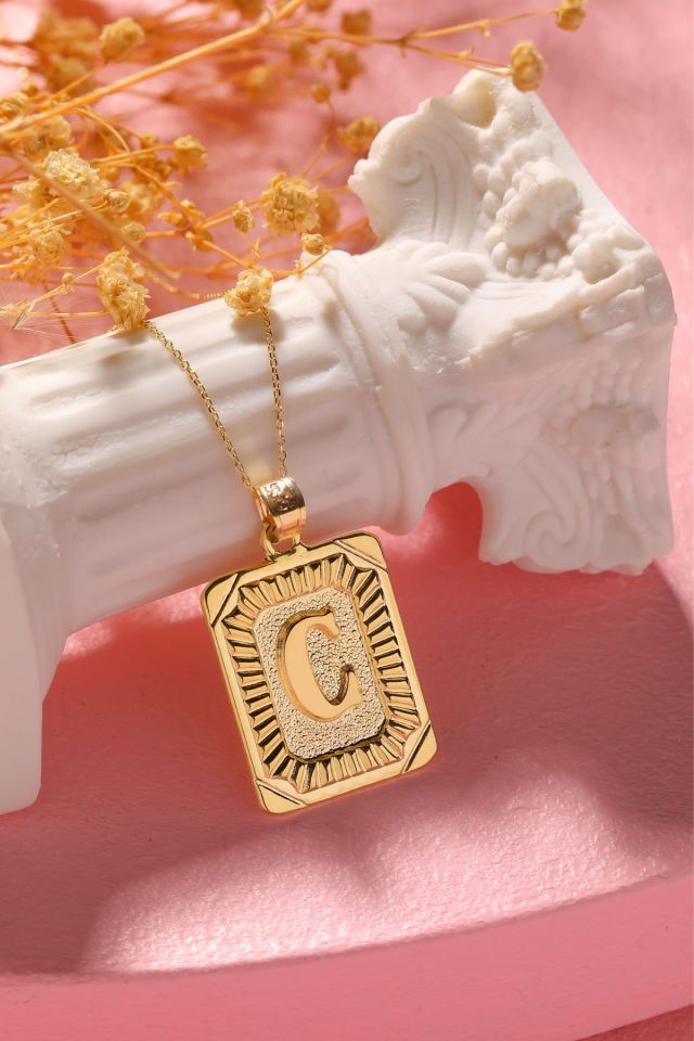 Moom Mücevherat Kadın 14 Ayar Altın Kare Harf Kolye A & Z Harfi Altın Kolye Zincirli Harf Kolye 42 Cm C