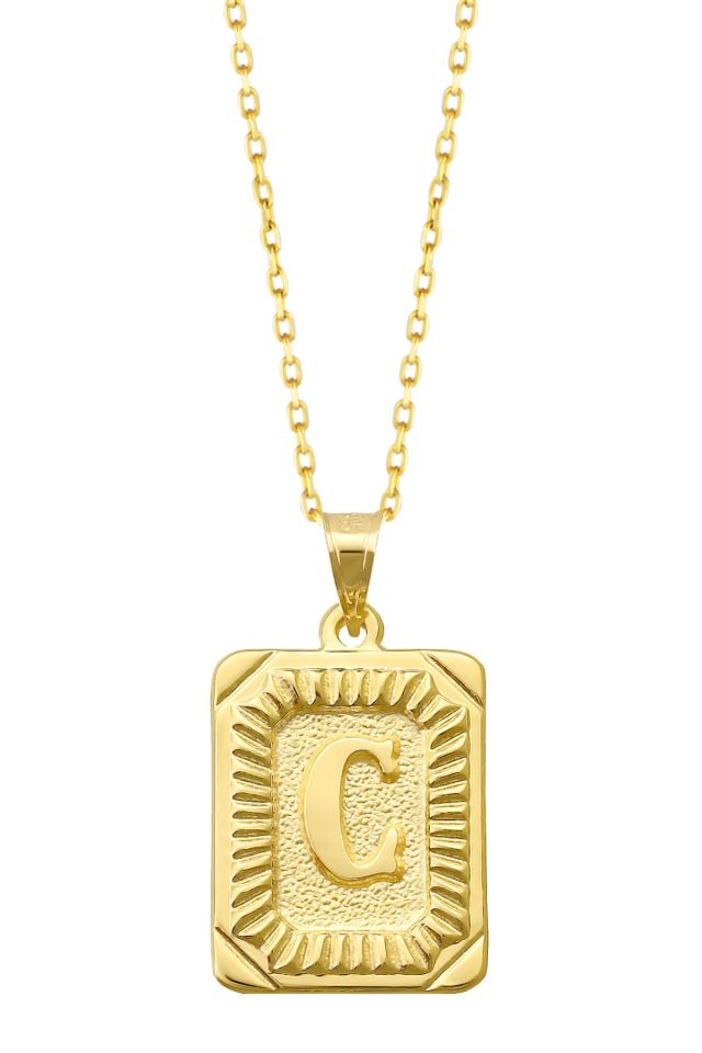 Moom Mücevherat Kadın 14 Ayar Altın Kare Harf Kolye A & Z Harfi Altın Kolye Zincirli Harf Kolye 42 Cm C