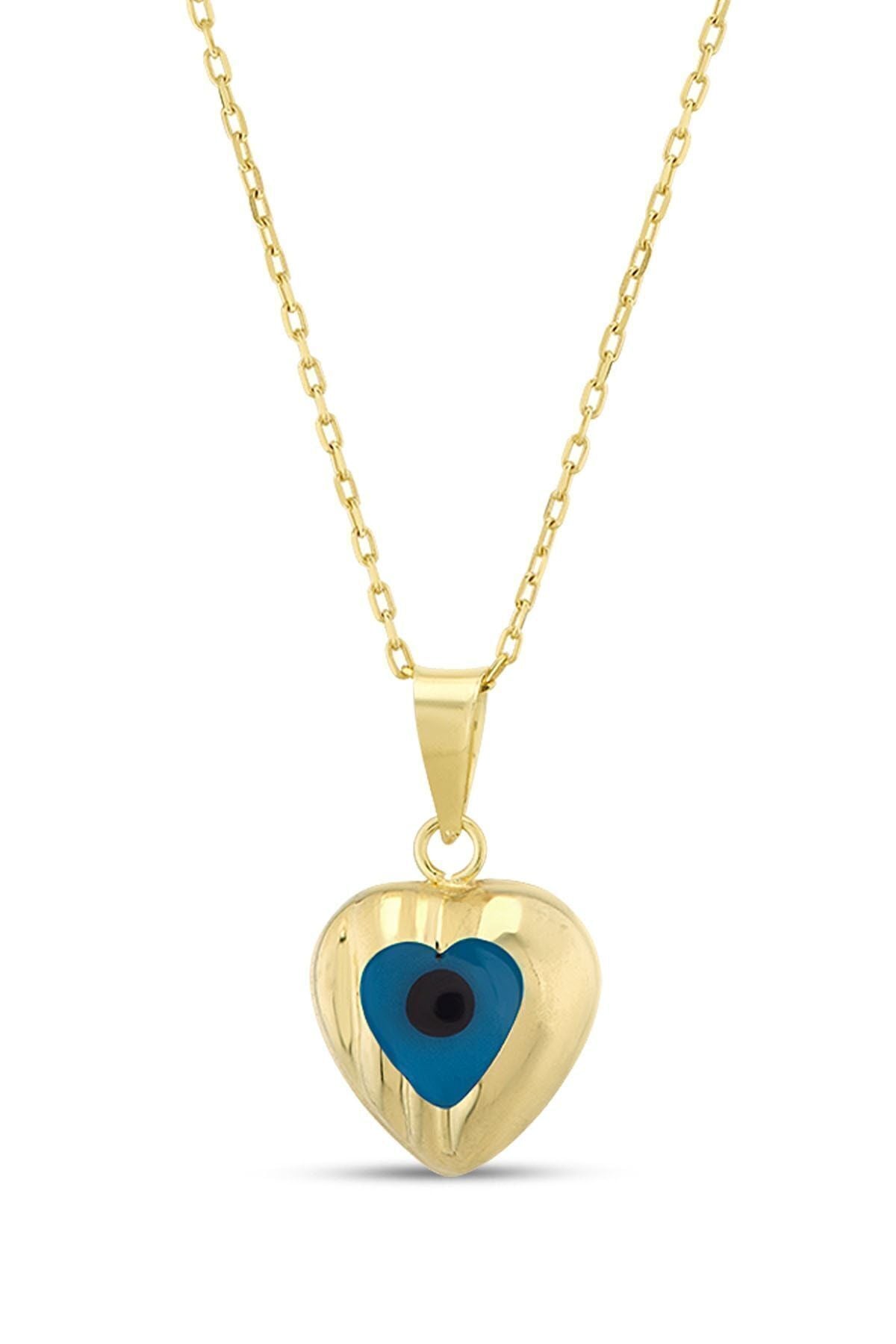 Kadın 14 Ayar Altın Nazar Kalp Kolye