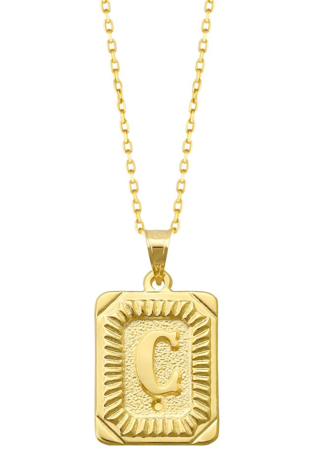 Moom Mücevherat Kadın 14 Ayar Altın Kare Harf Kolye A & Z Harfi Altın Kolye Zincirli Harf Kolye 42 Cm Ç
